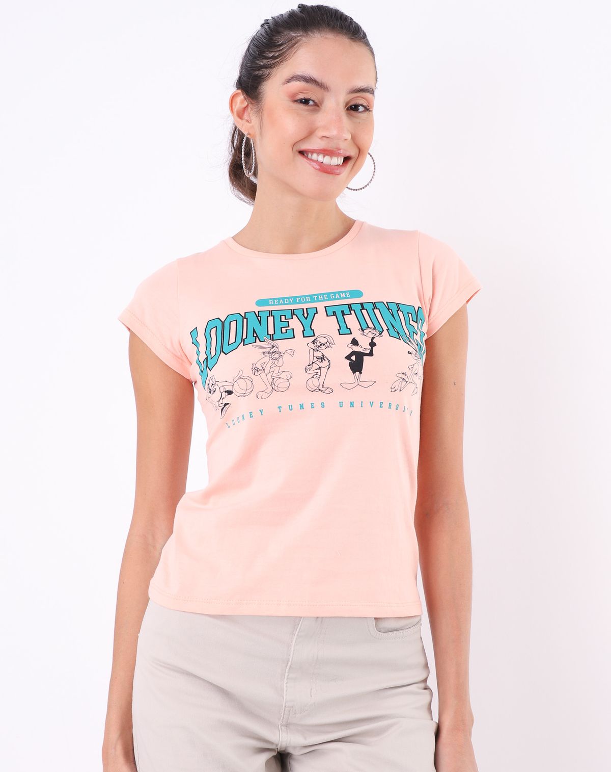 Camiseta Manga Curta Feminina Estampa Looney Tunes salmao - p