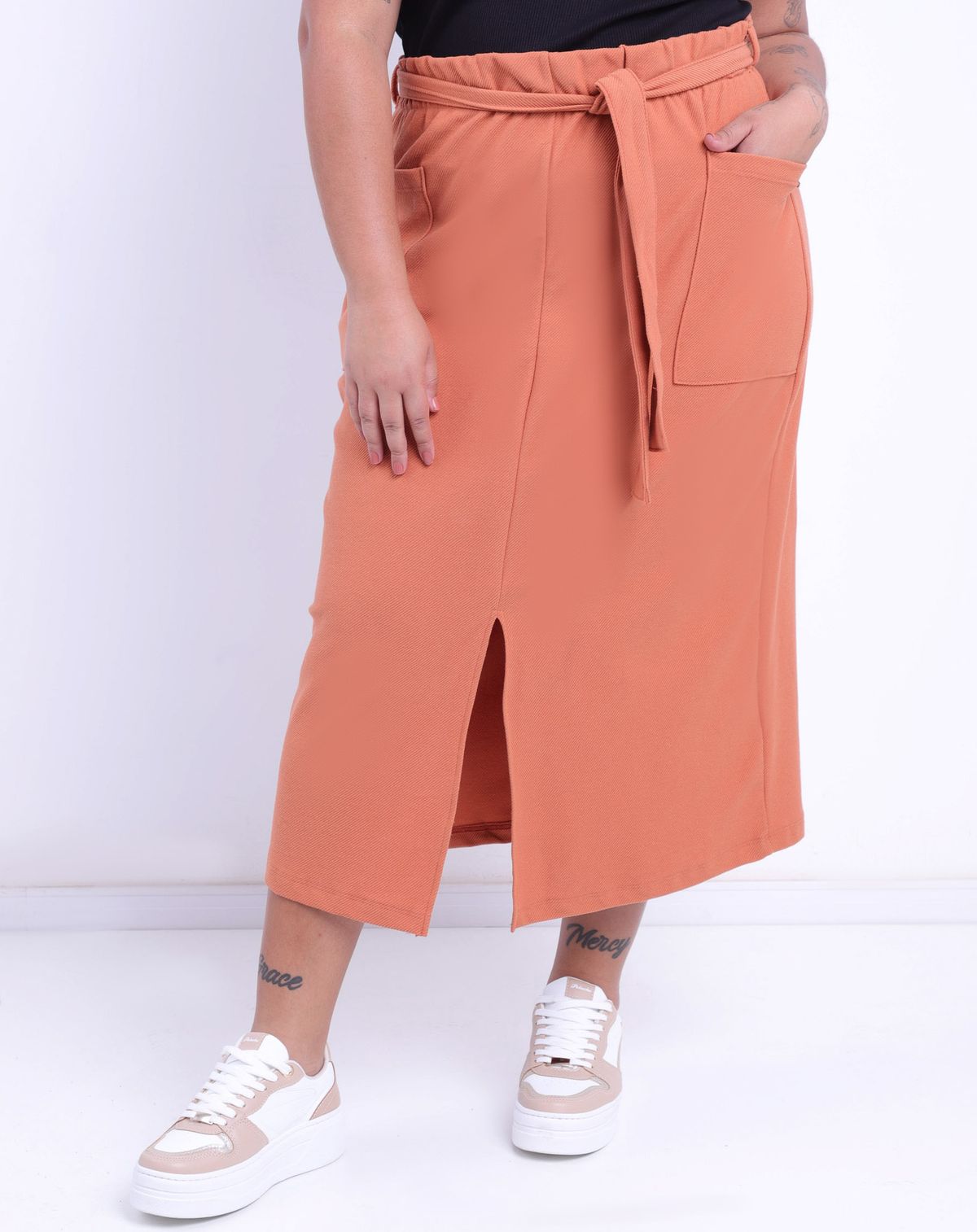 Saia Reta Feminina Plus Size Faixa Amarração terracota - g1