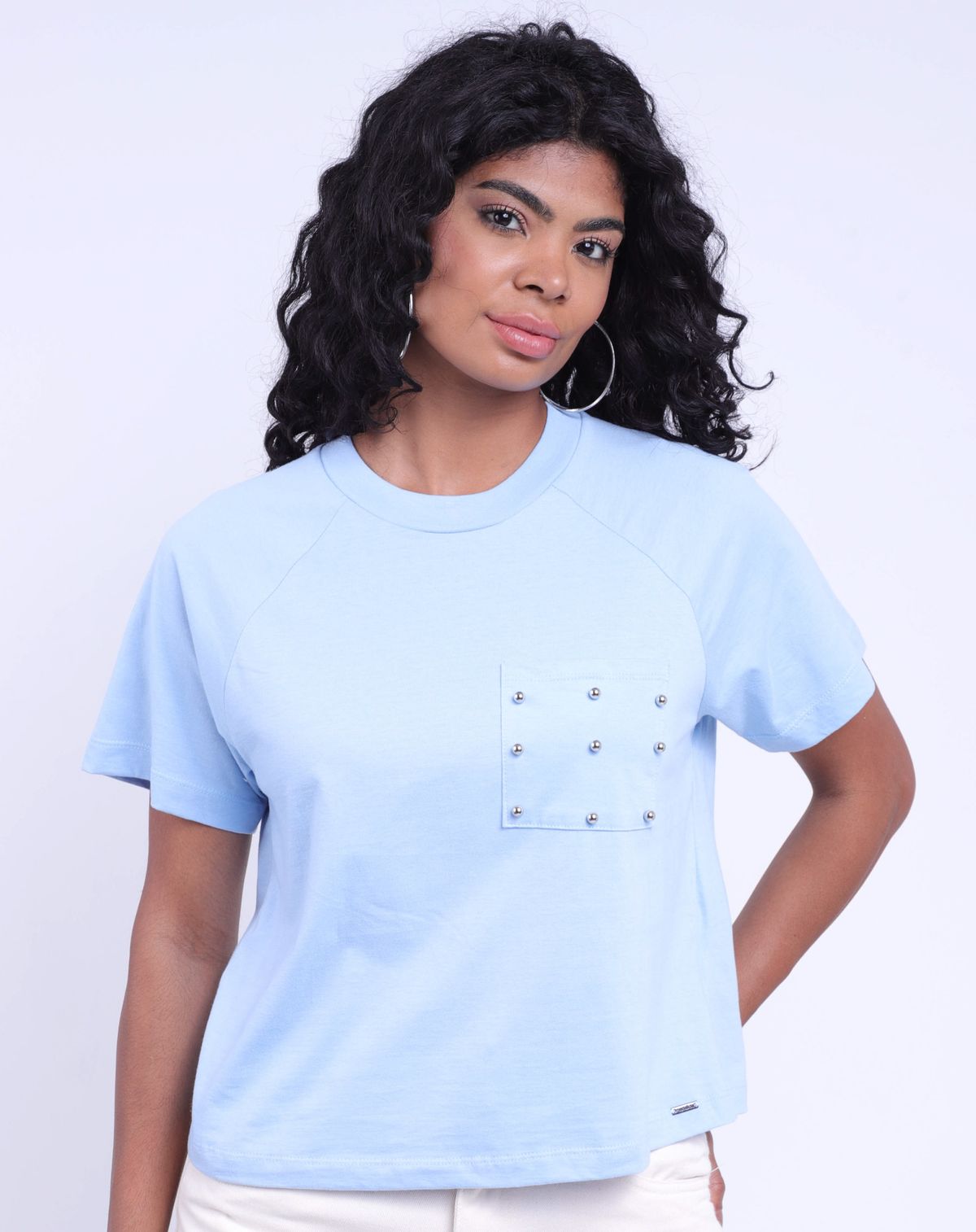 Camiseta Feminina Bolso Com Pedrarias azul - p