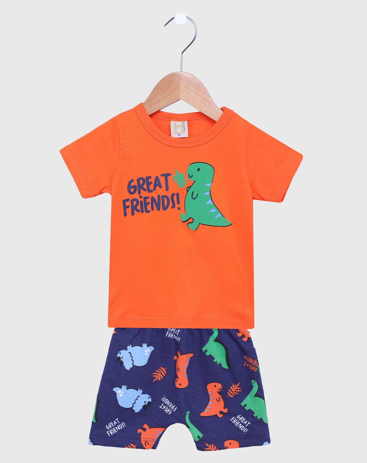 Conjunto Curto Bebê Menino Estampa Dino laranja - m