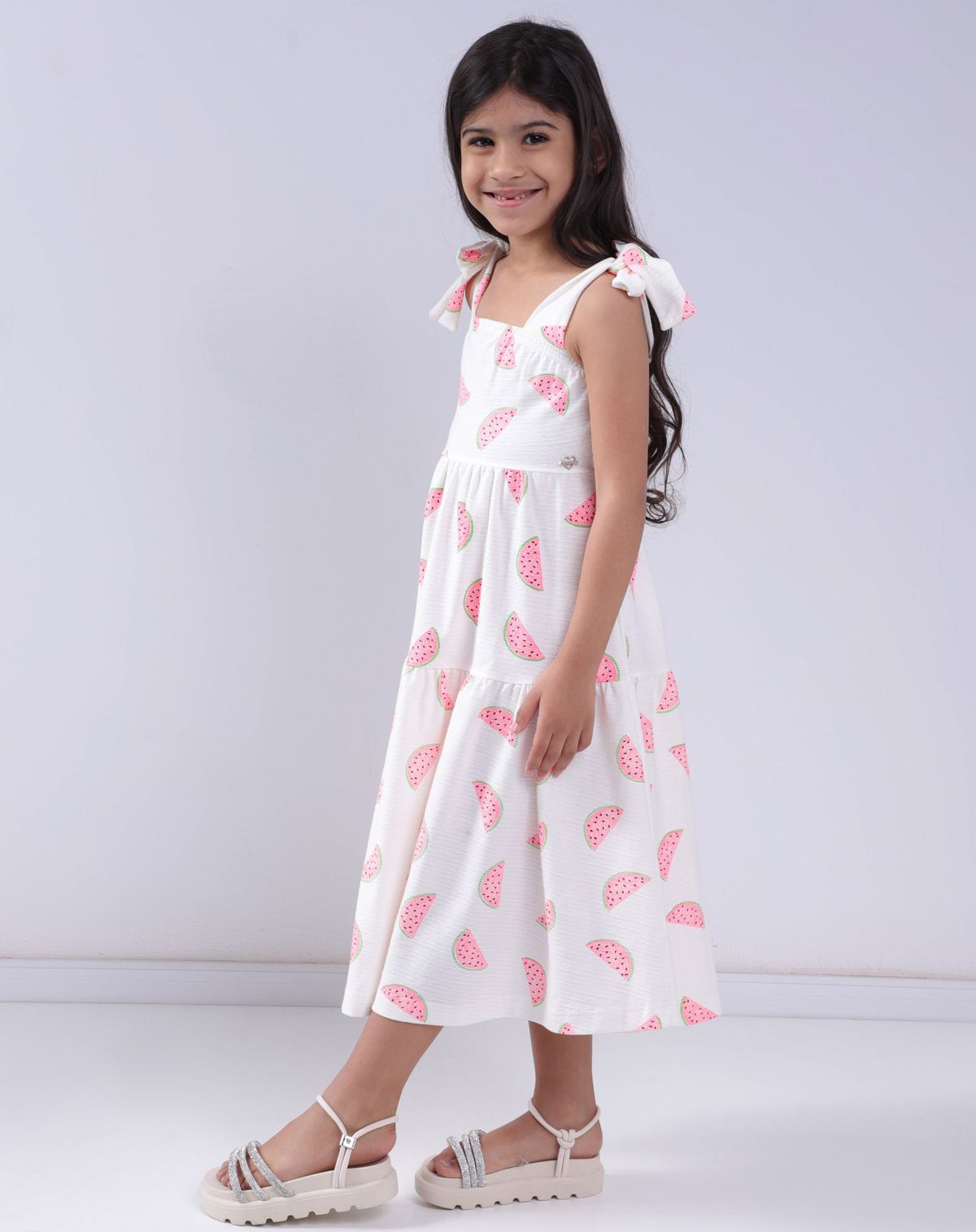 Vestido Estampado Infantil Menina Alças Amarração Tam. 4 A 10 Anos off white - 4