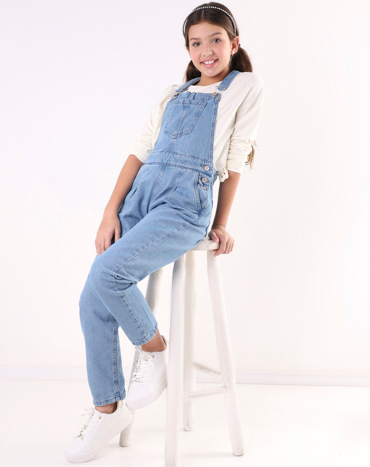 Macacão Longo Juvenil Menina Botões jeans - 10