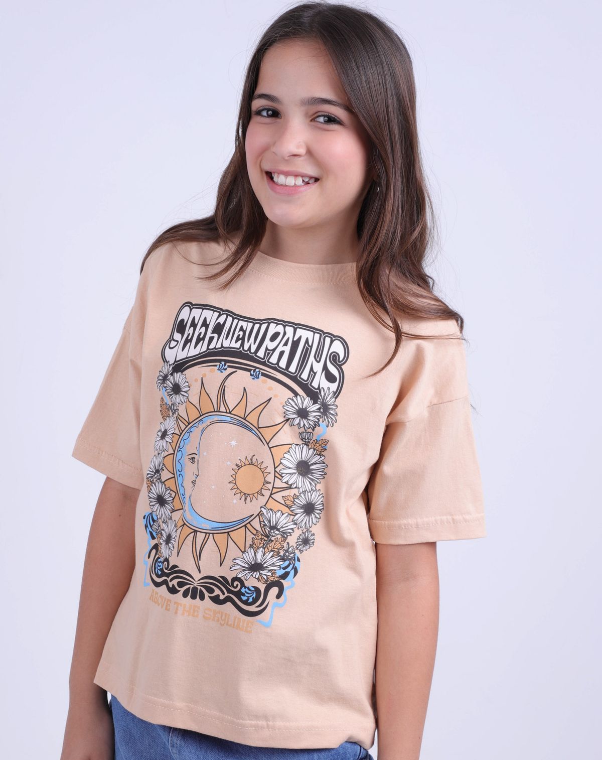 Camiseta Manga Curta Estampada Juvenil Menina bege - 10