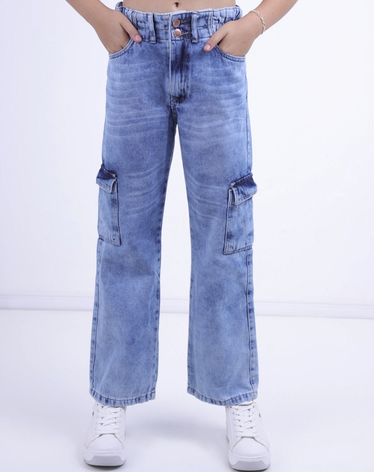 Calça Jeans Wide Leg Cargo Juvenil Menina Marmorizada jeans - 10