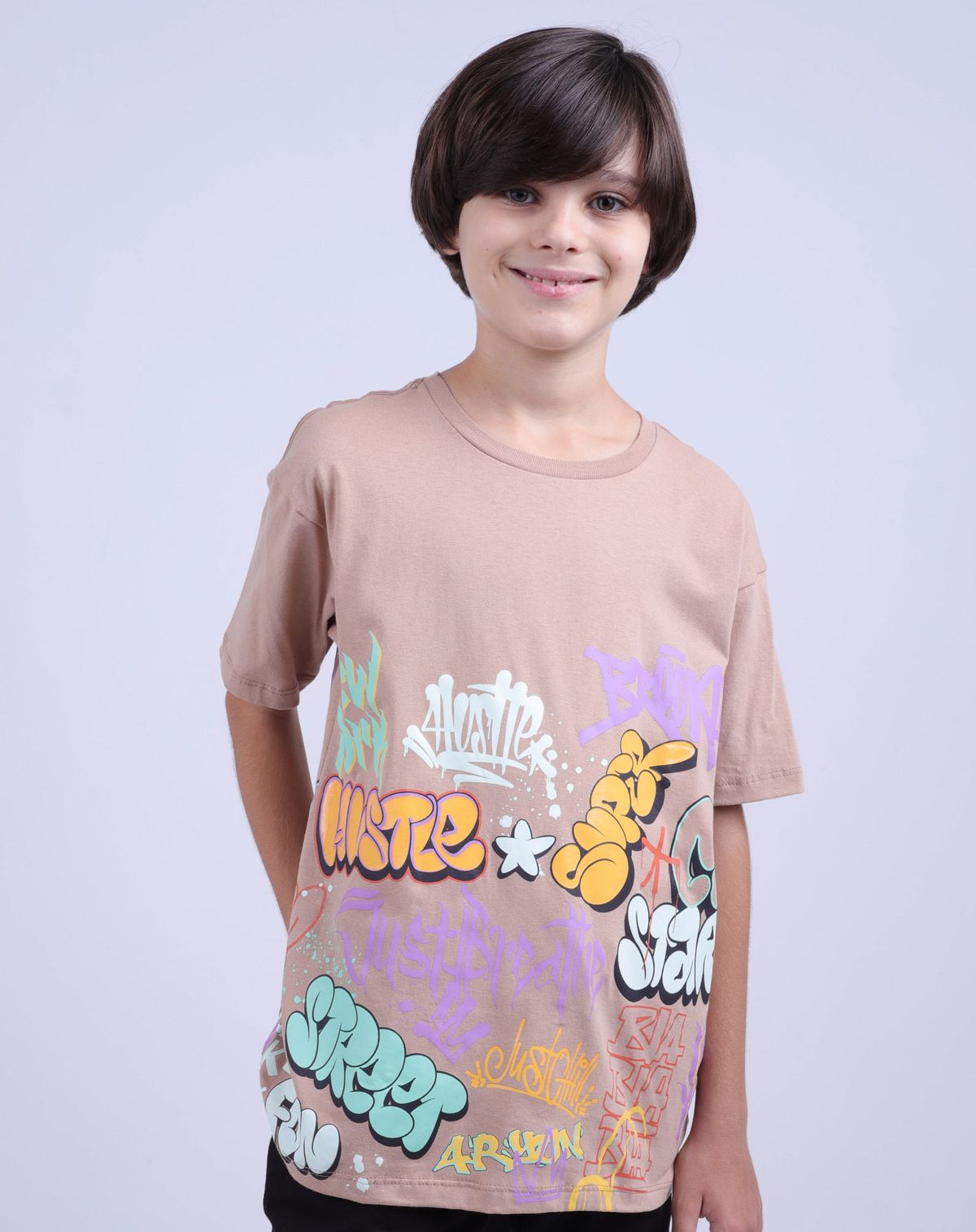 Camiseta Juvenil Manga Curta Menino Estampa Grafite bege - 10