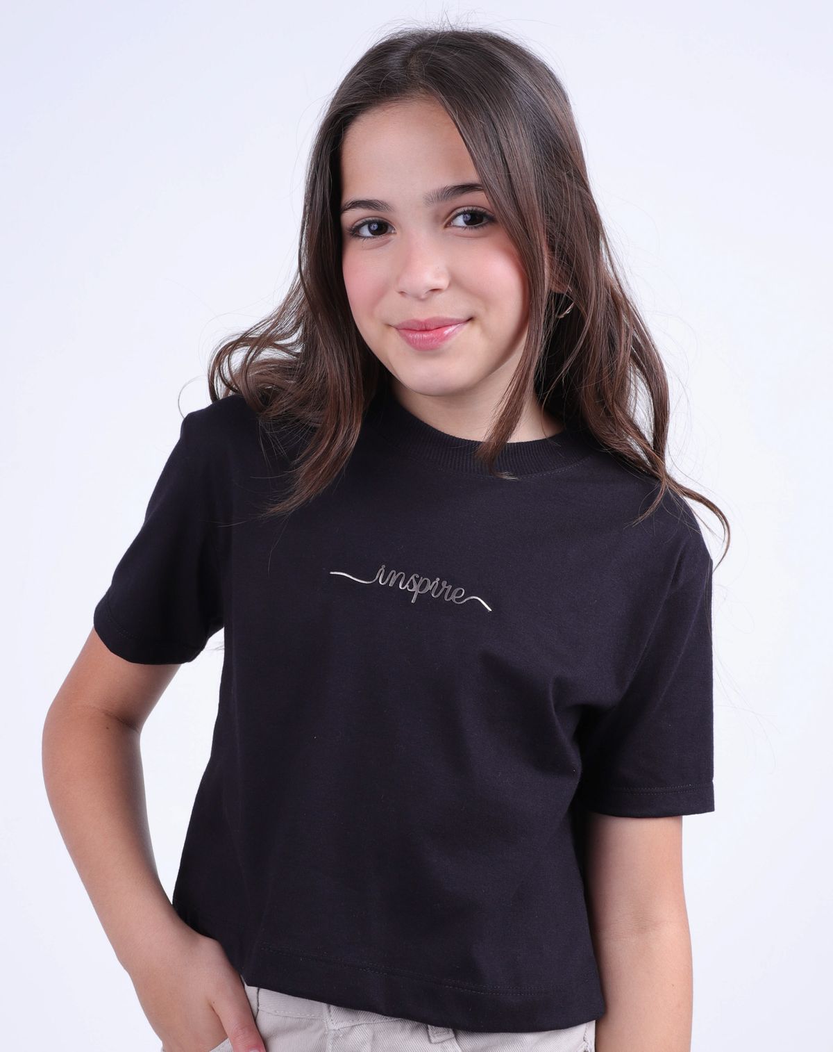 Camiseta Cropped Manga Curta Juvenil Estampa Lettering preto - 10