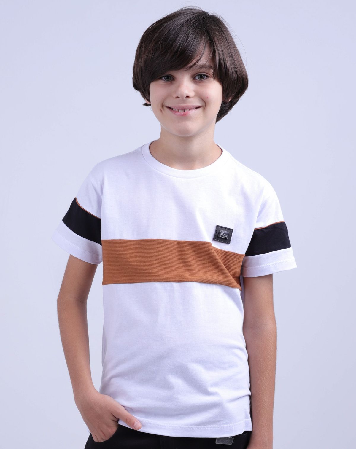 Camiseta Casual Juvenil Menino Recorte Com Faixas branco - 14