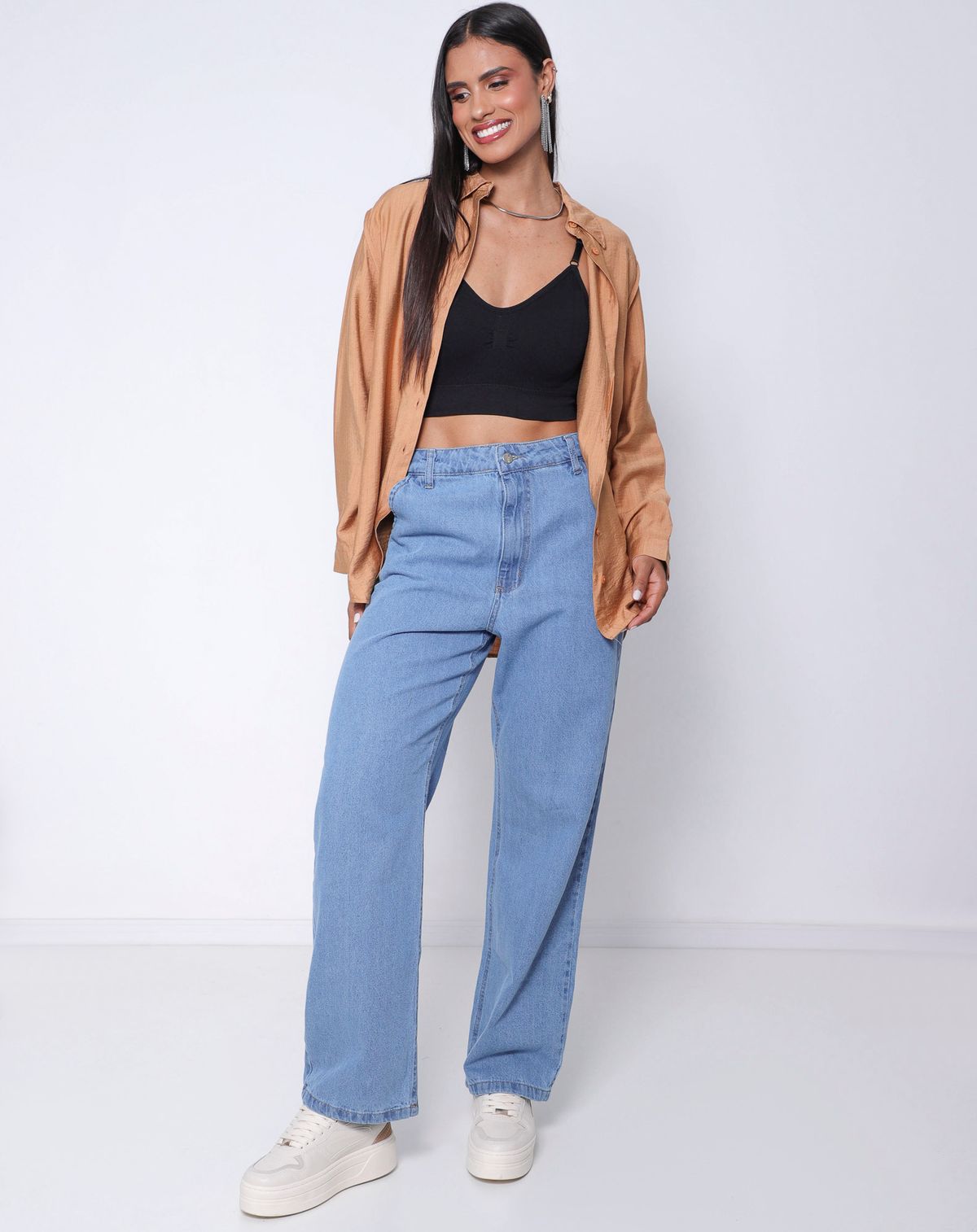 Calça Feminina Jeans Wide Leg jeans claro - 38