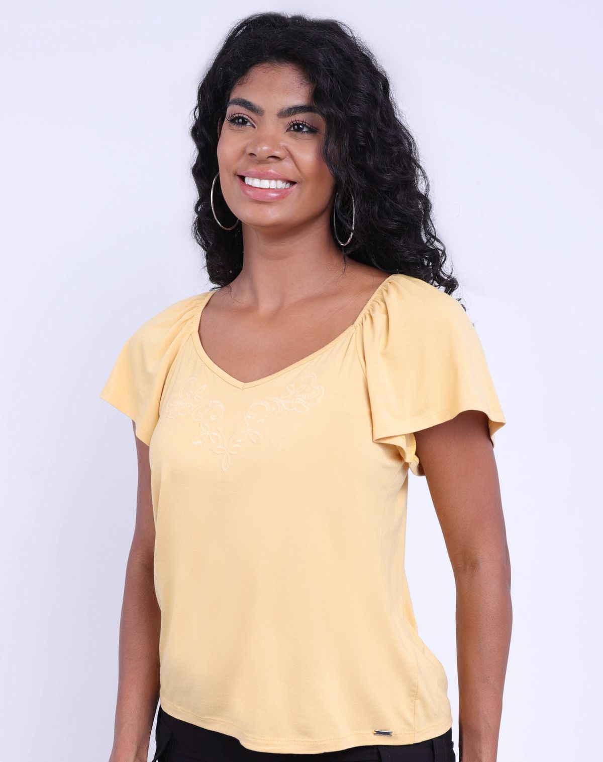 Blusa Manga Curta Feminina Estampa Bordada amarelo - m