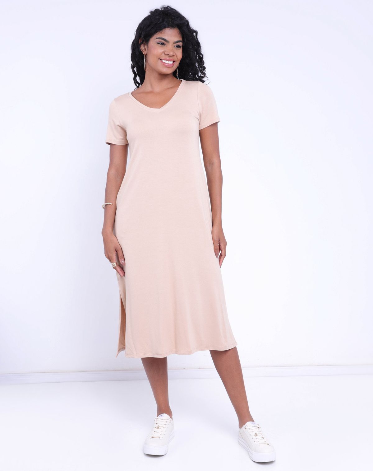 Vestido Curto Malha Feminino Fenda Lateral bege - m