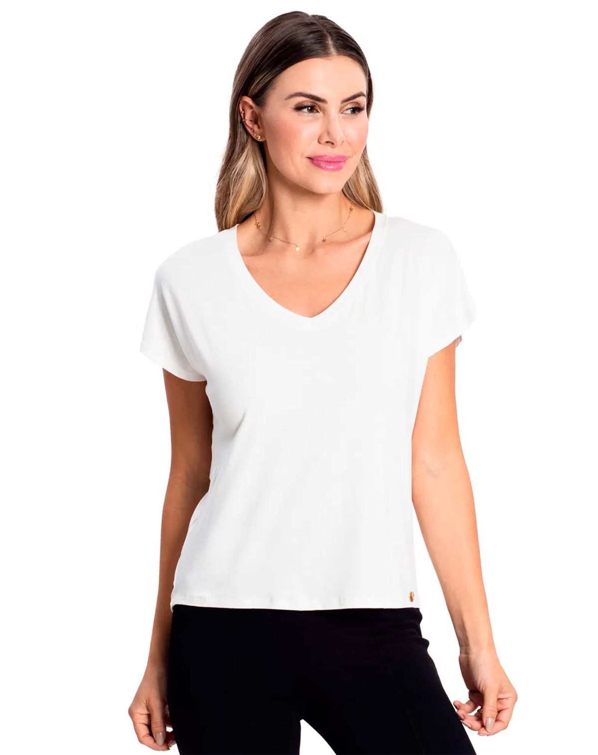 Camiseta Básica Feminina Manga Curta Decote V branco - p