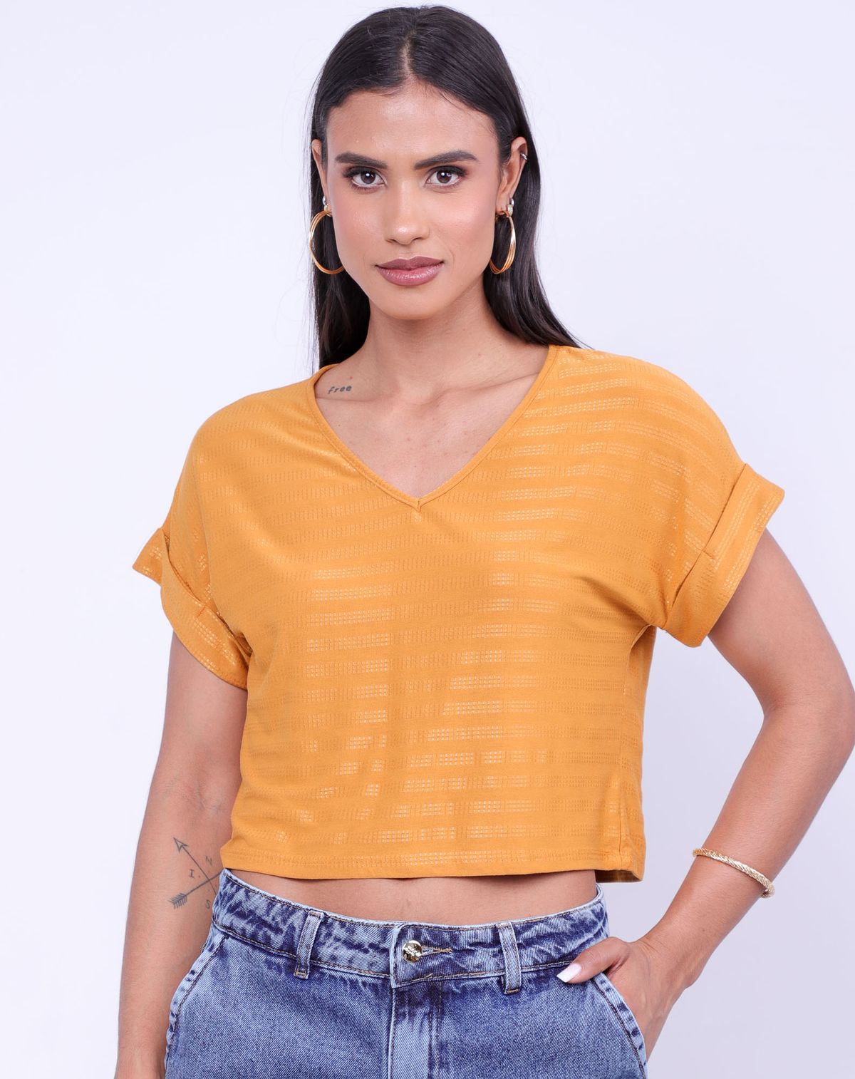 Blusa Manga Curta Dobrada Feminina Listras mostarda - p