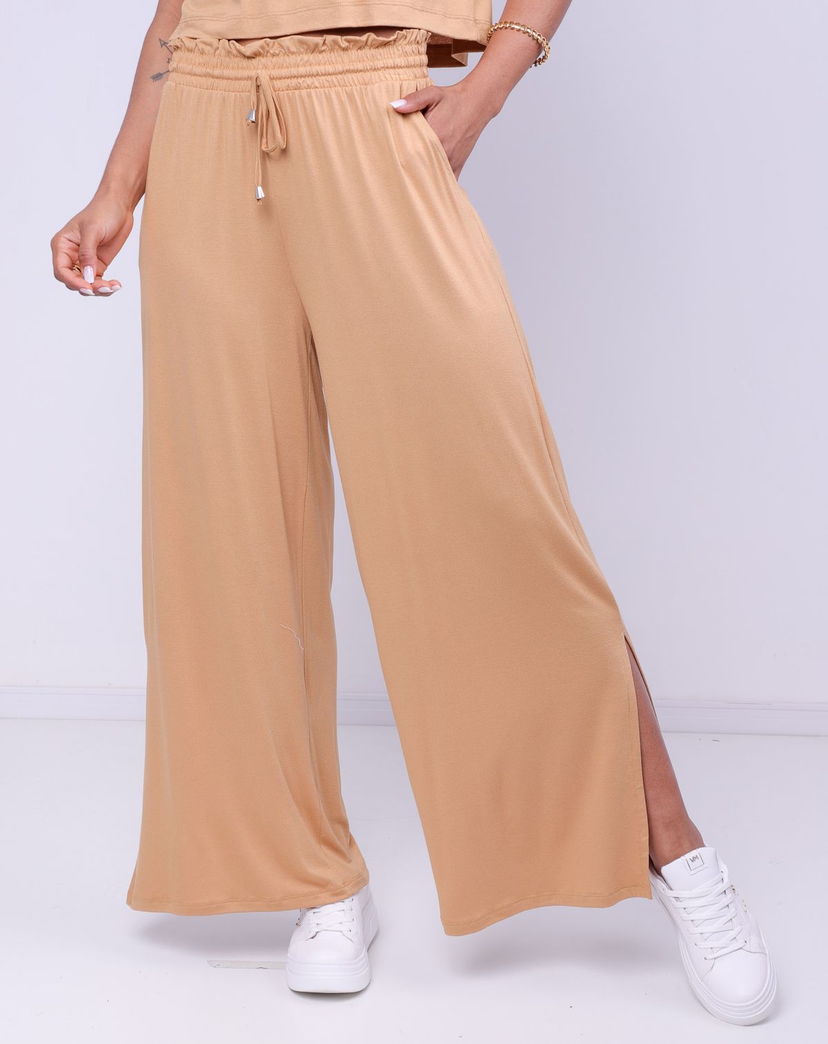 Calça Pantalona Feminina Cós Elastano bege - p