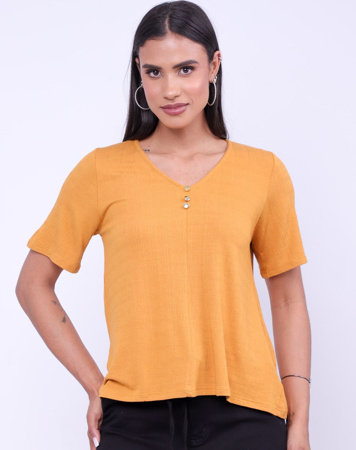 Blusa Manga Curta Feminina Detalhe Botões mostarda - p