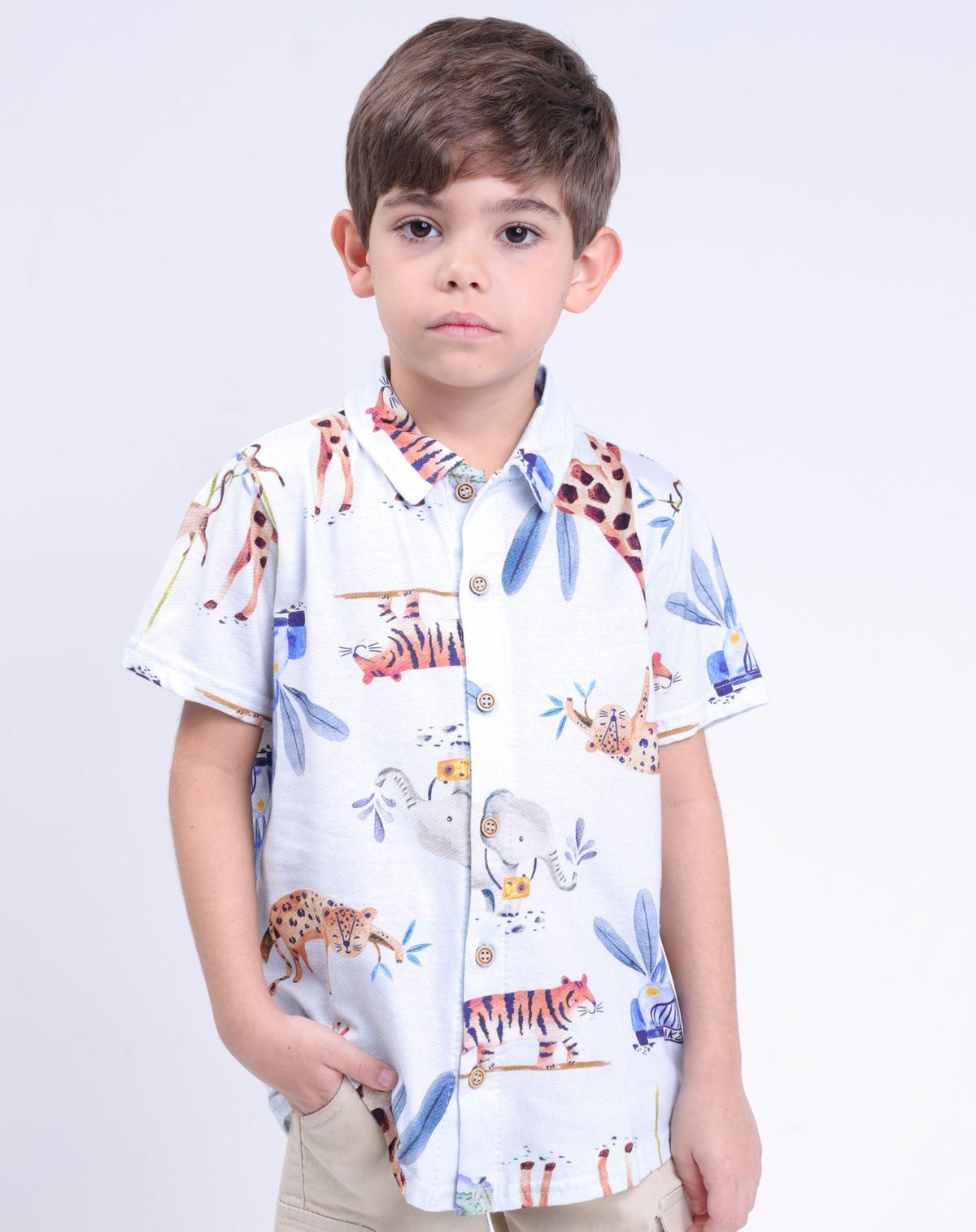 Camisa Infantil Menino Floresta - Tam 4 a 8 bege - 4