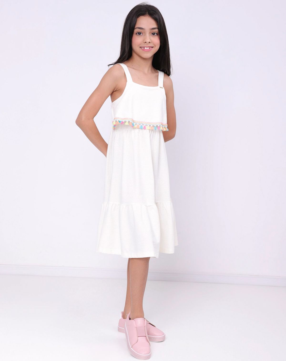 Vestido Midi Infantil Menina Pingente Franja - Tam. 4 A 10 Anos off white - 4