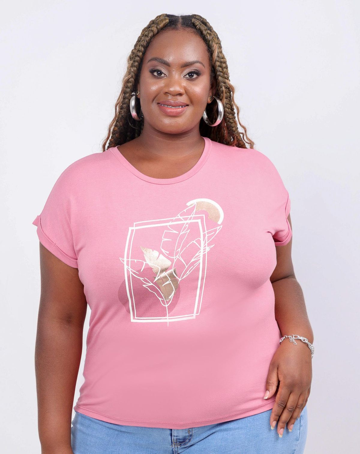 Camiseta Feminina Plus Size Estampa Foil Dourada rosa - g1