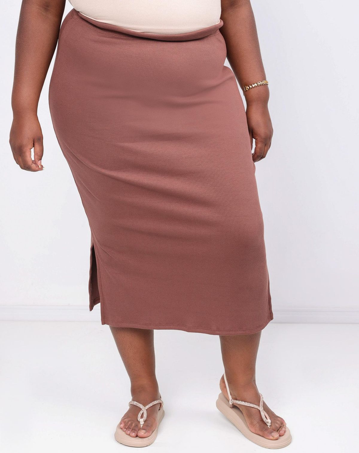 Saia Midi Feminina Plus Size Canelada marrom - g1