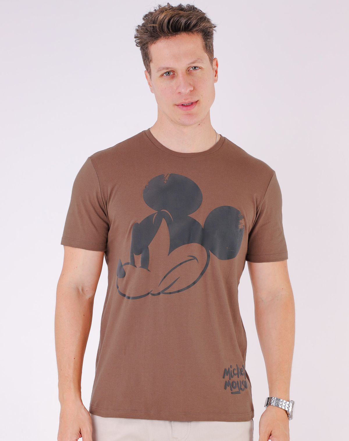 Camiseta Masculina Manga Curta Estampa Mickey Mouse marrom - p