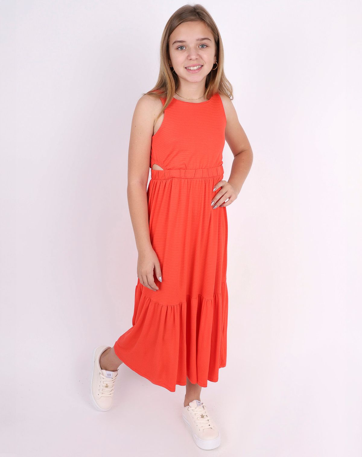 Vestido Midi Juvenil Menina Babados laranja - 12