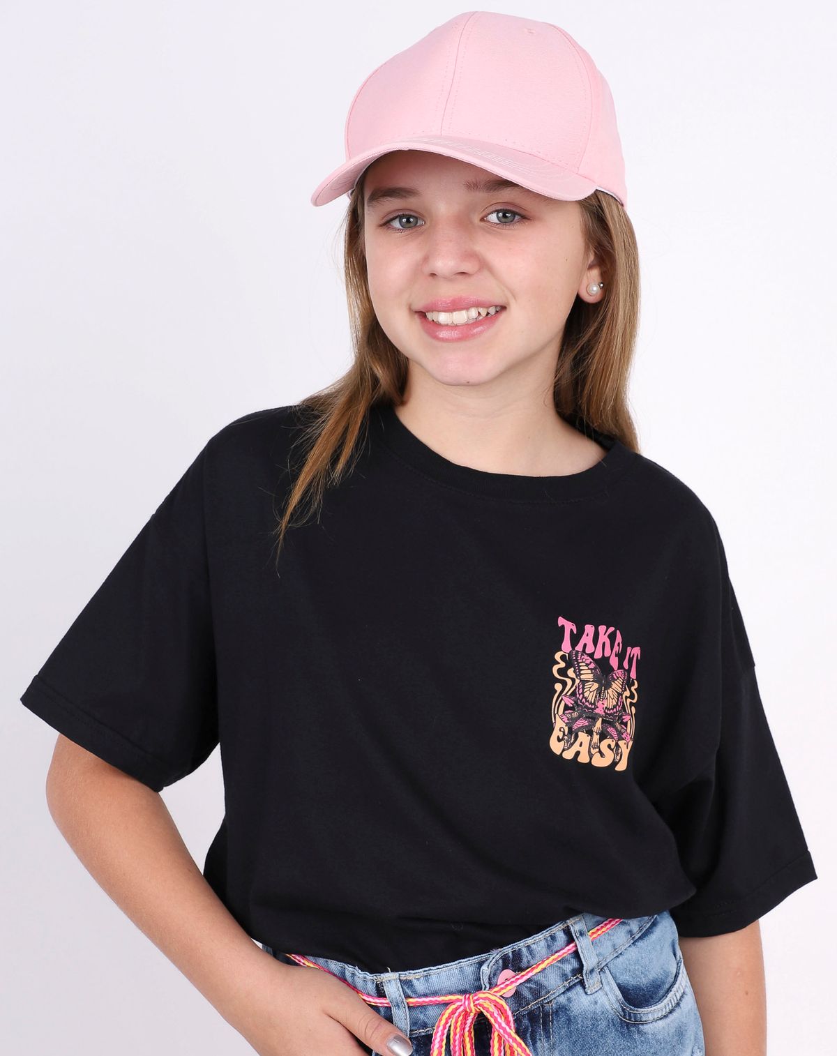 Camiseta Juvenil Menina Manga Curta Oversize Estampada preto - 10