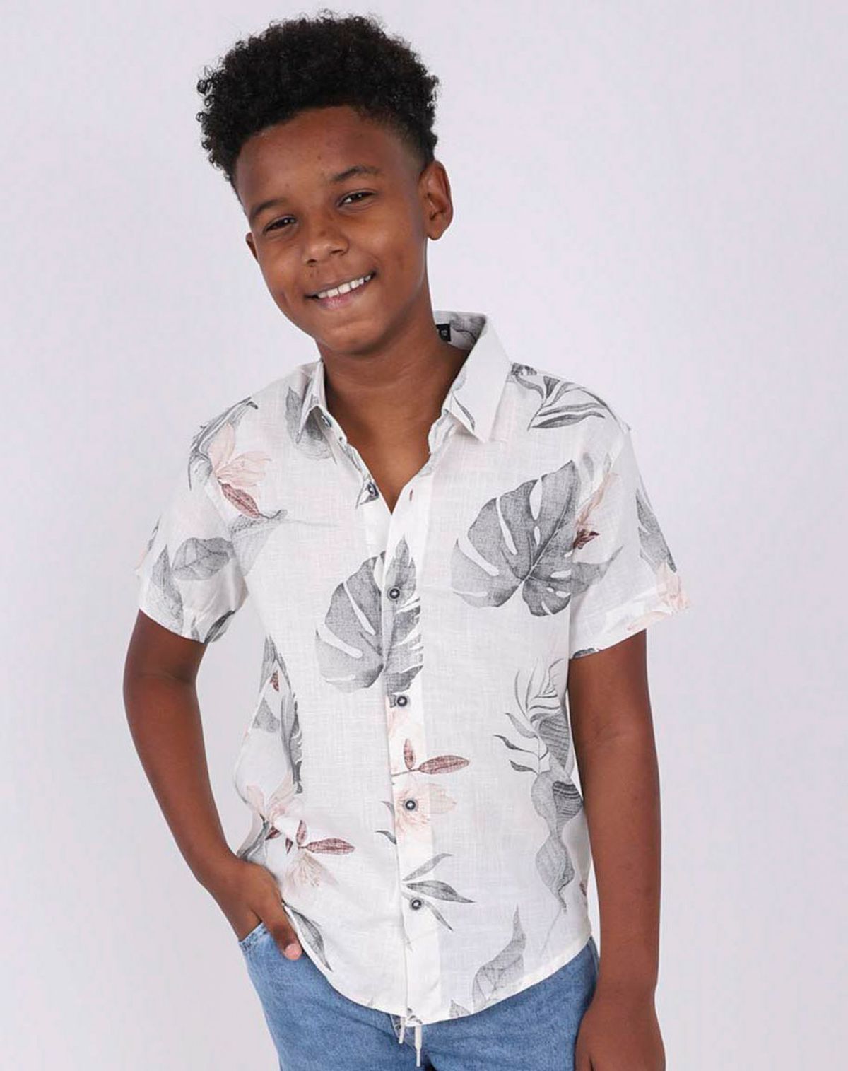 Camisa Manga Curta Juvenil Menino Folhagens off white - 10