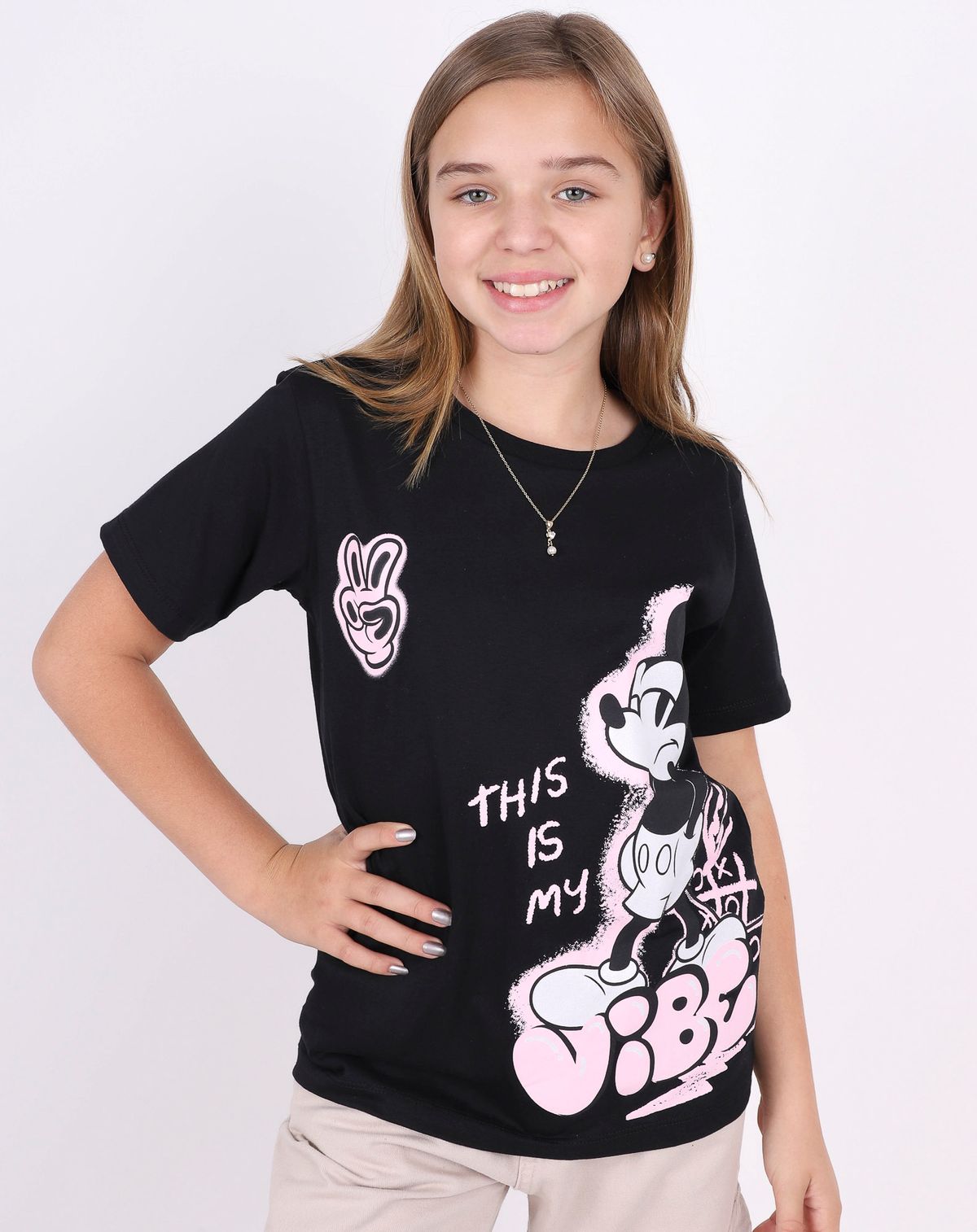 Camiseta Manga Curta Juvenil Menina Estampa Mickey preto - 12