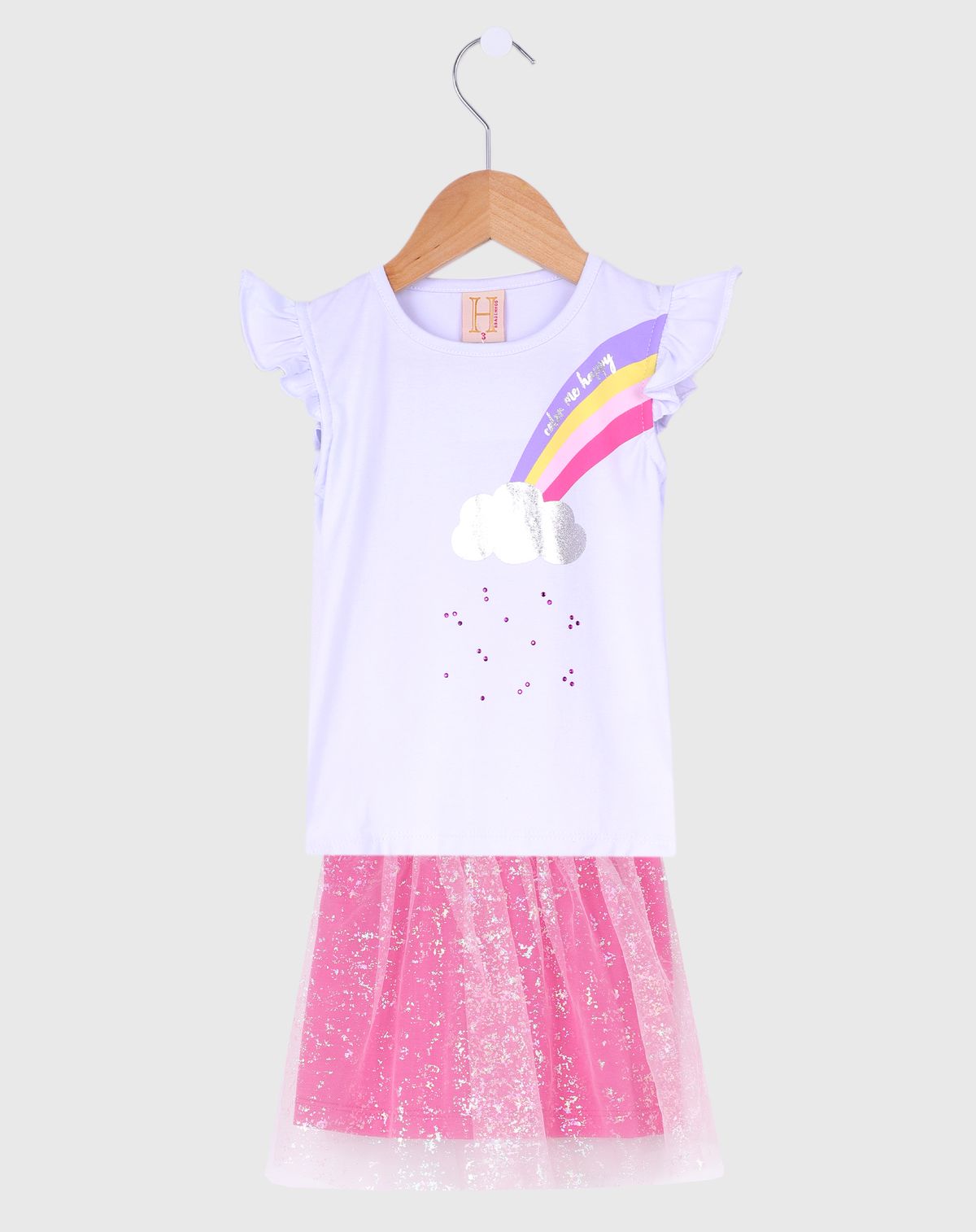 Conjunto Infantil Feminino Arco-Íris e Nuvem com Saia - Tam 1 a 3 branco/pink - 1