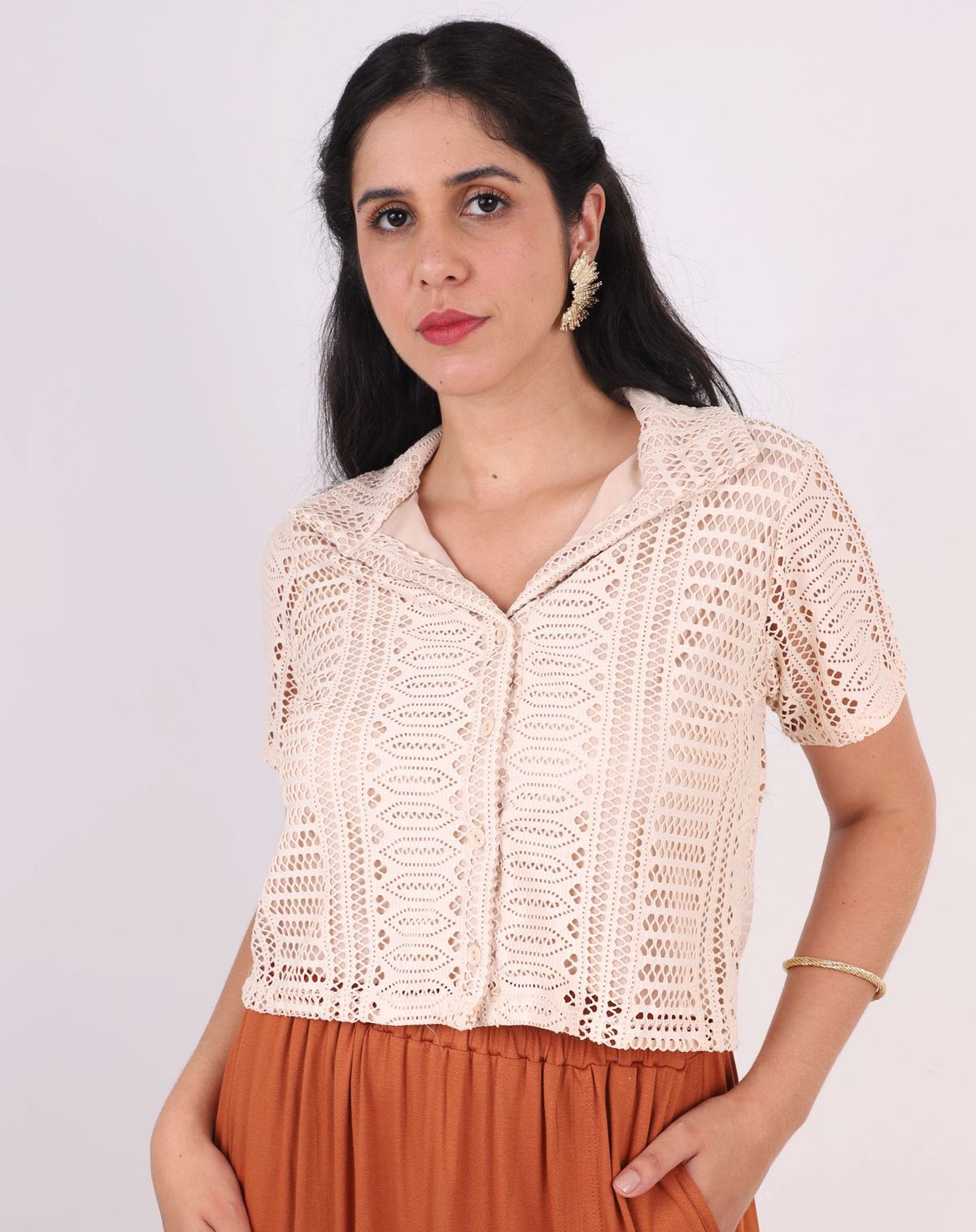 Camisa Feminina Tricô Texturizado bege - p