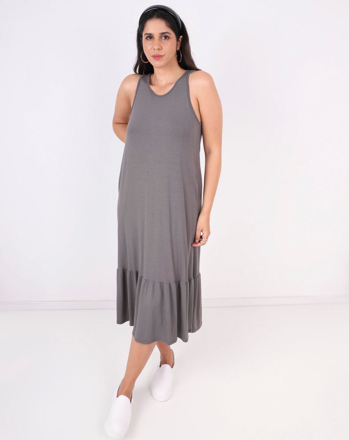 Vestido Longo Feminino Barra Babados cinza - p