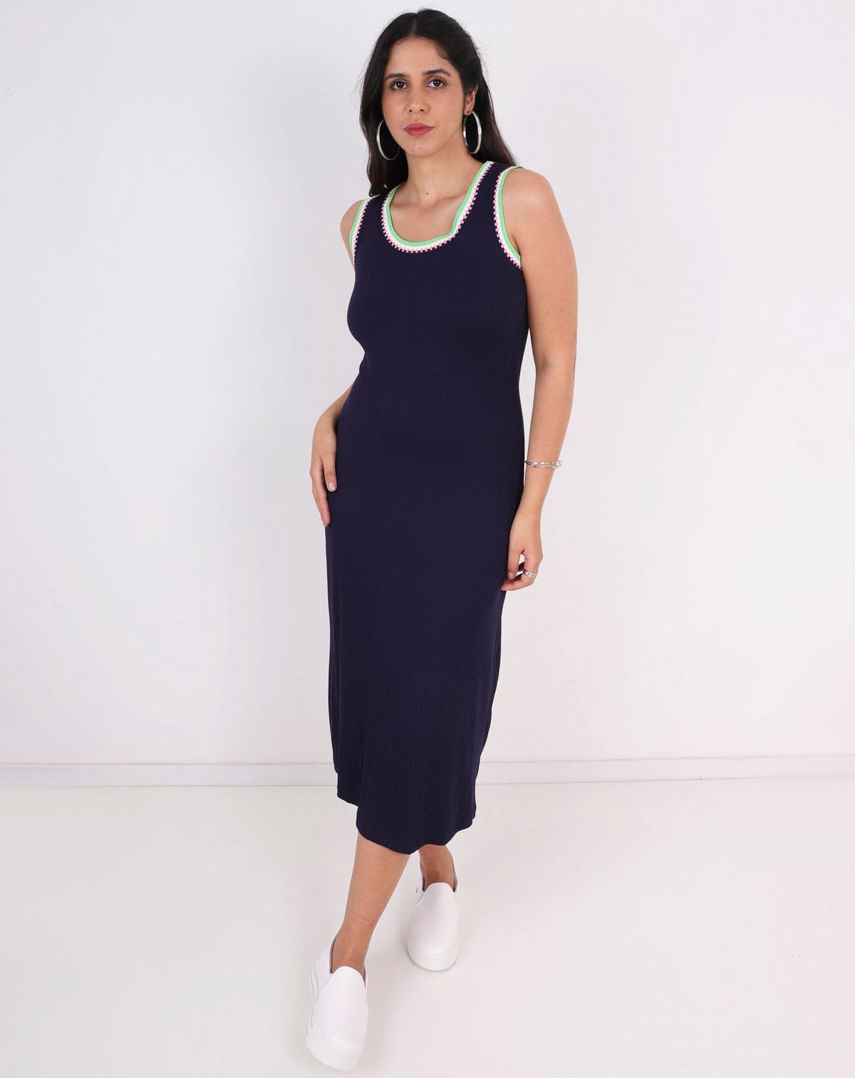 Vestido Feminino New Midi em Ribana com Detalhe Contrastante Azul Marinho marinho - p