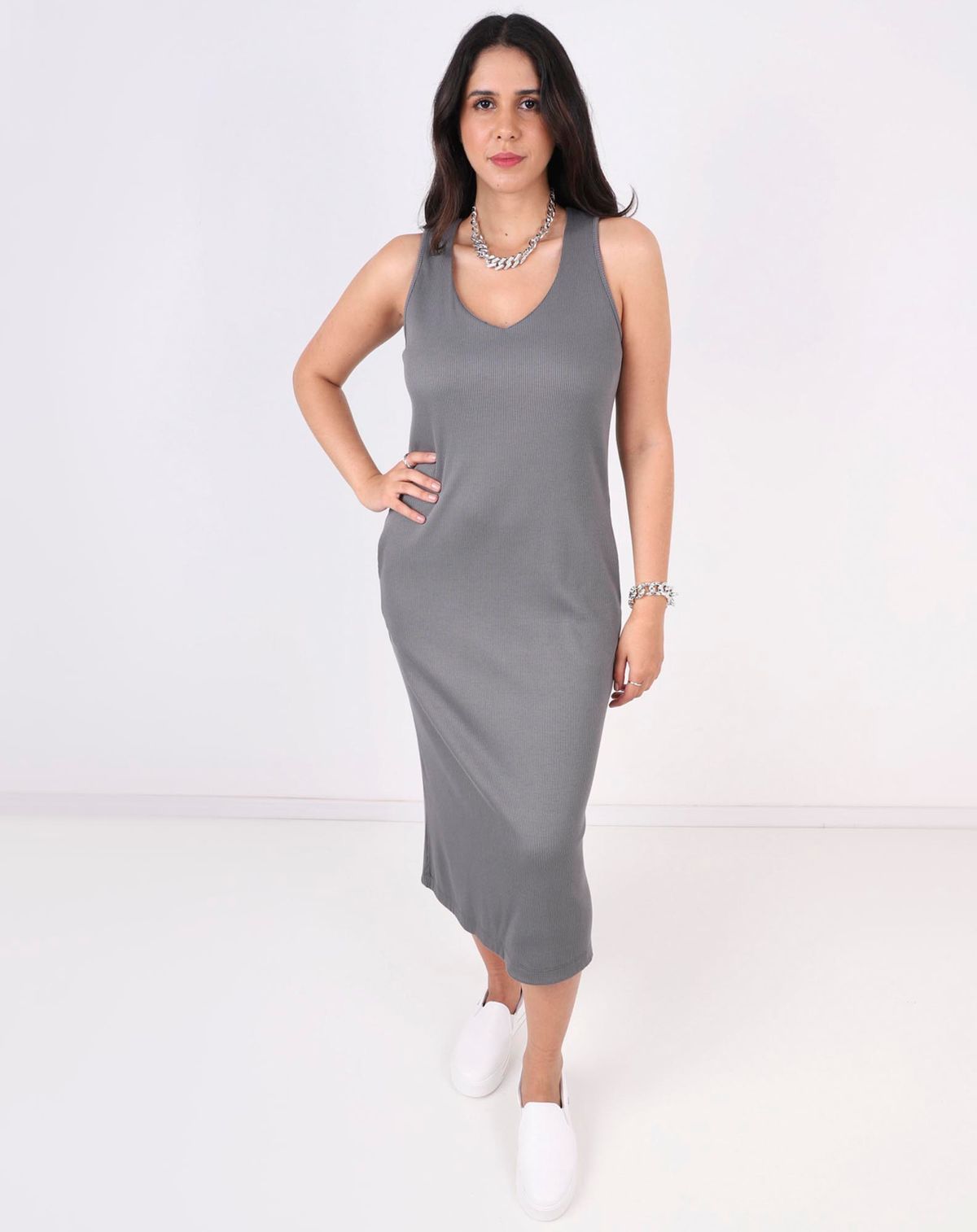 Vestido Midi Feminino Canelado cinza - p