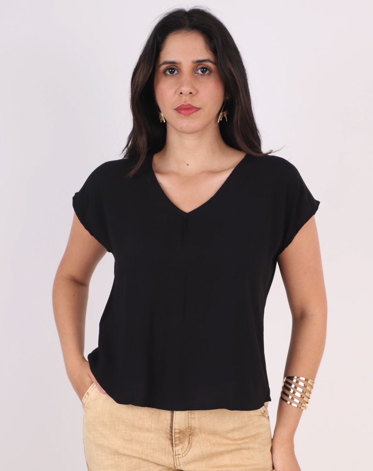 Blusa Manga Curta Casual Feminina Decote V preto - p