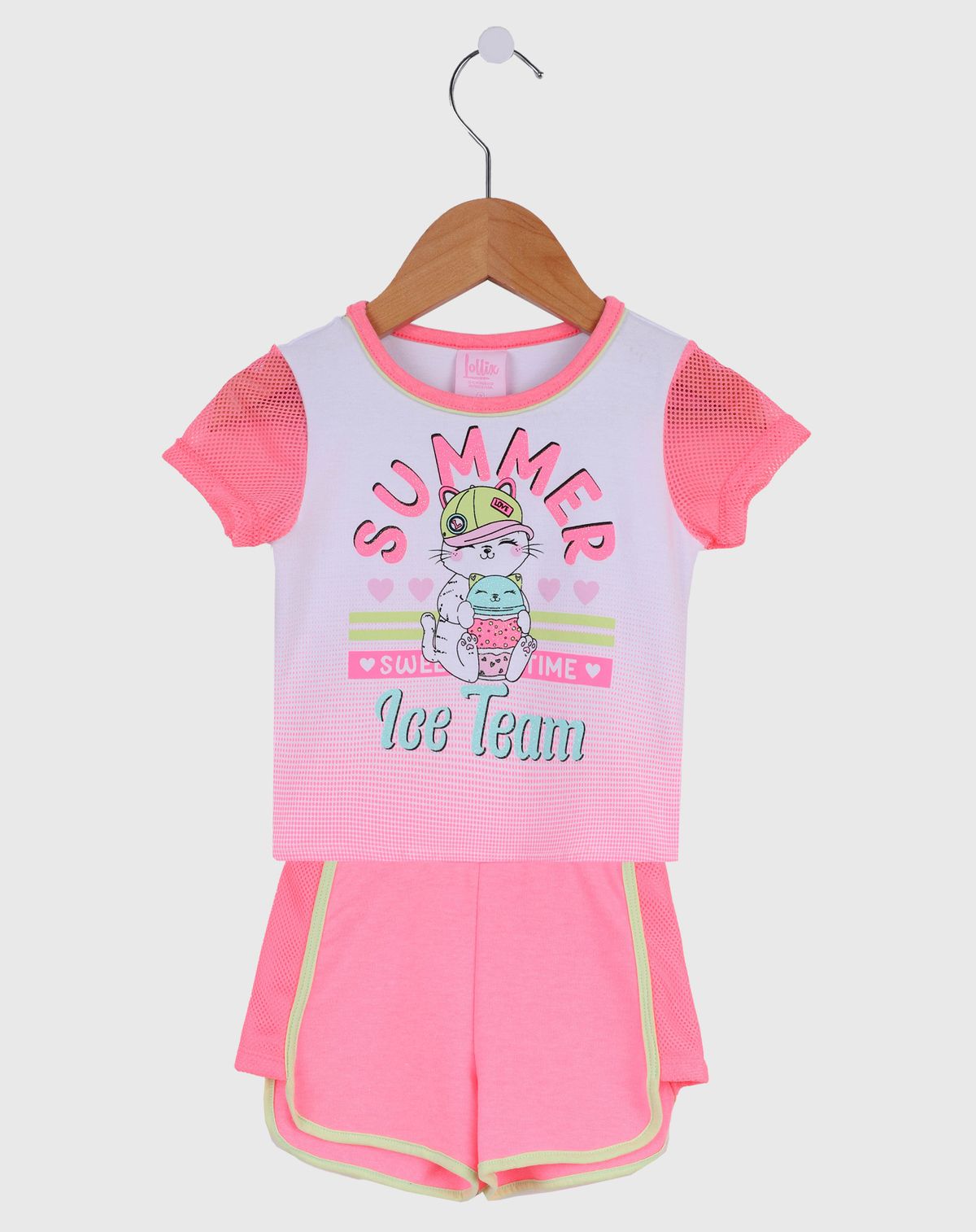 Conjunto Curta Infantil Menina Estampa Gatinha - Tam. 1 a 3 Anos rosa - 1