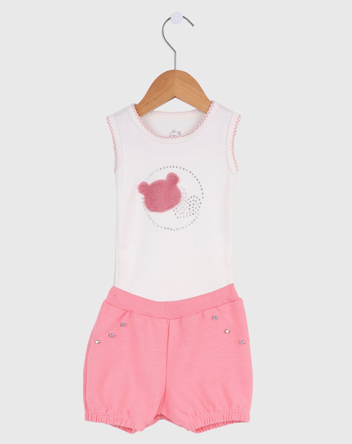 Conjunto Curto Bebê Menina Ursinha Plush rosa/marfim - p