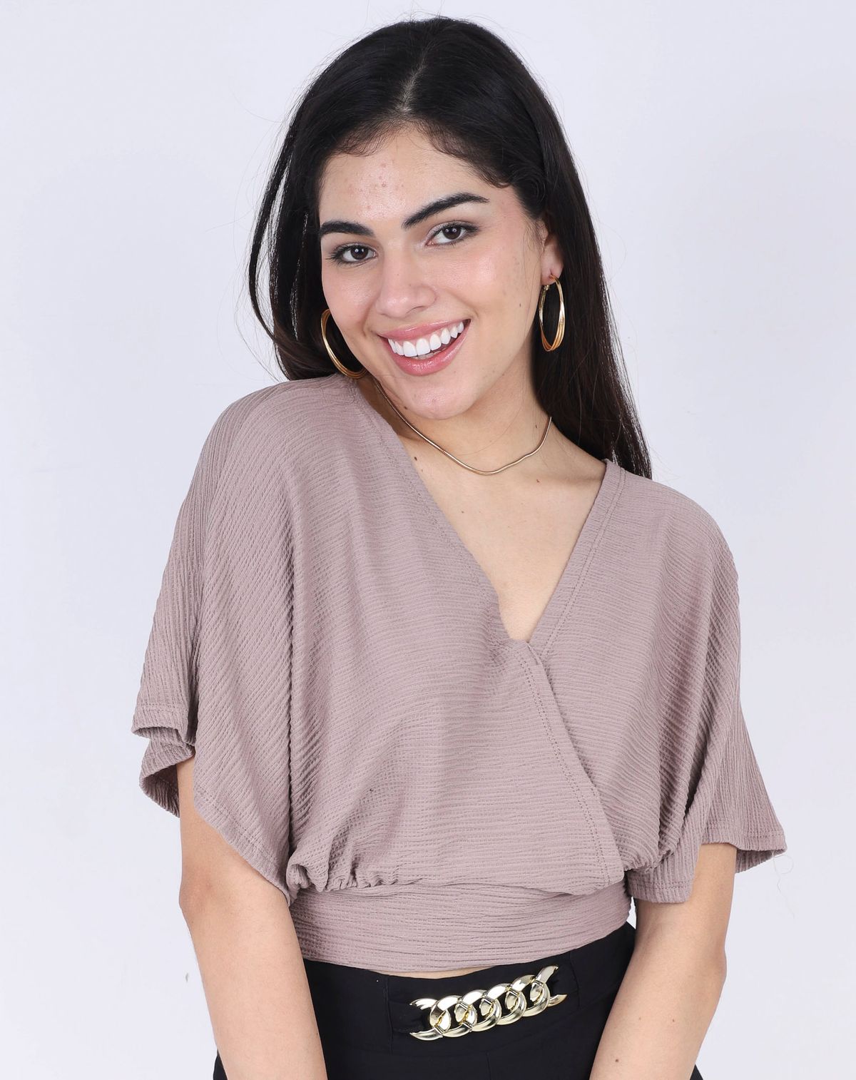 Blusa Manga Morcego Feminina Decote V Transpassada bege escuro - p