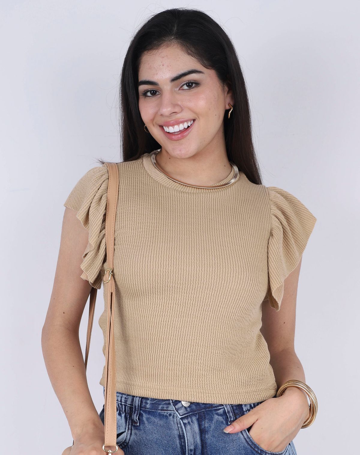 Blusa Manga Babado Feminina Casual bege escuro - p