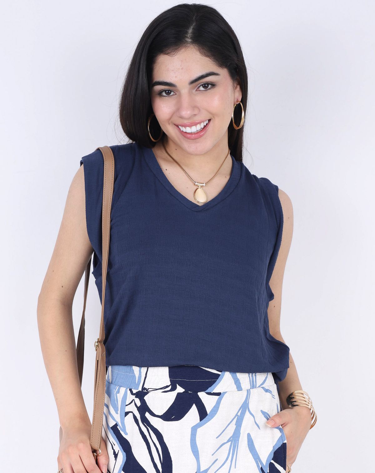 Blusa Regata Feminina  Canelado com Detalhes marinho - p