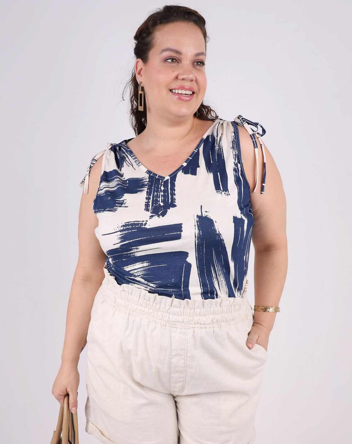 Blusa Regata  Feminina Estampada com Decote V Plus Size marinho - g1