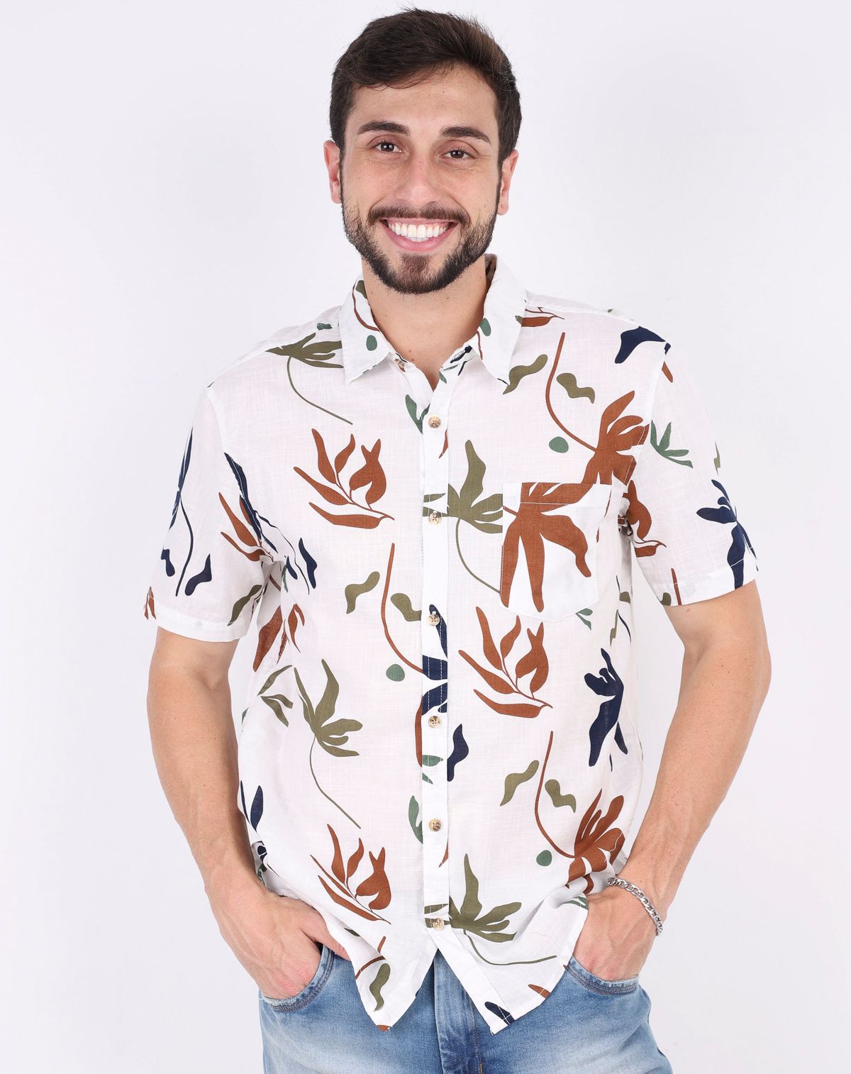 Camisa Social Manga Curta Masculina Estampa Floral branco - p