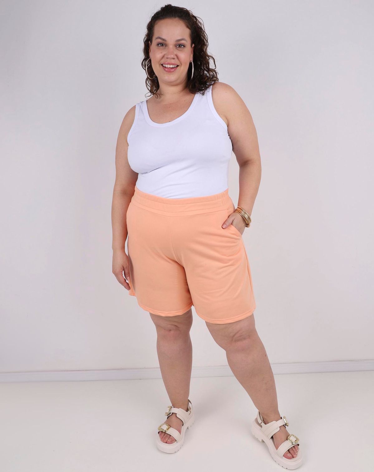 Shorts Feminino com Elástico Casual Plus Size laranja - g1