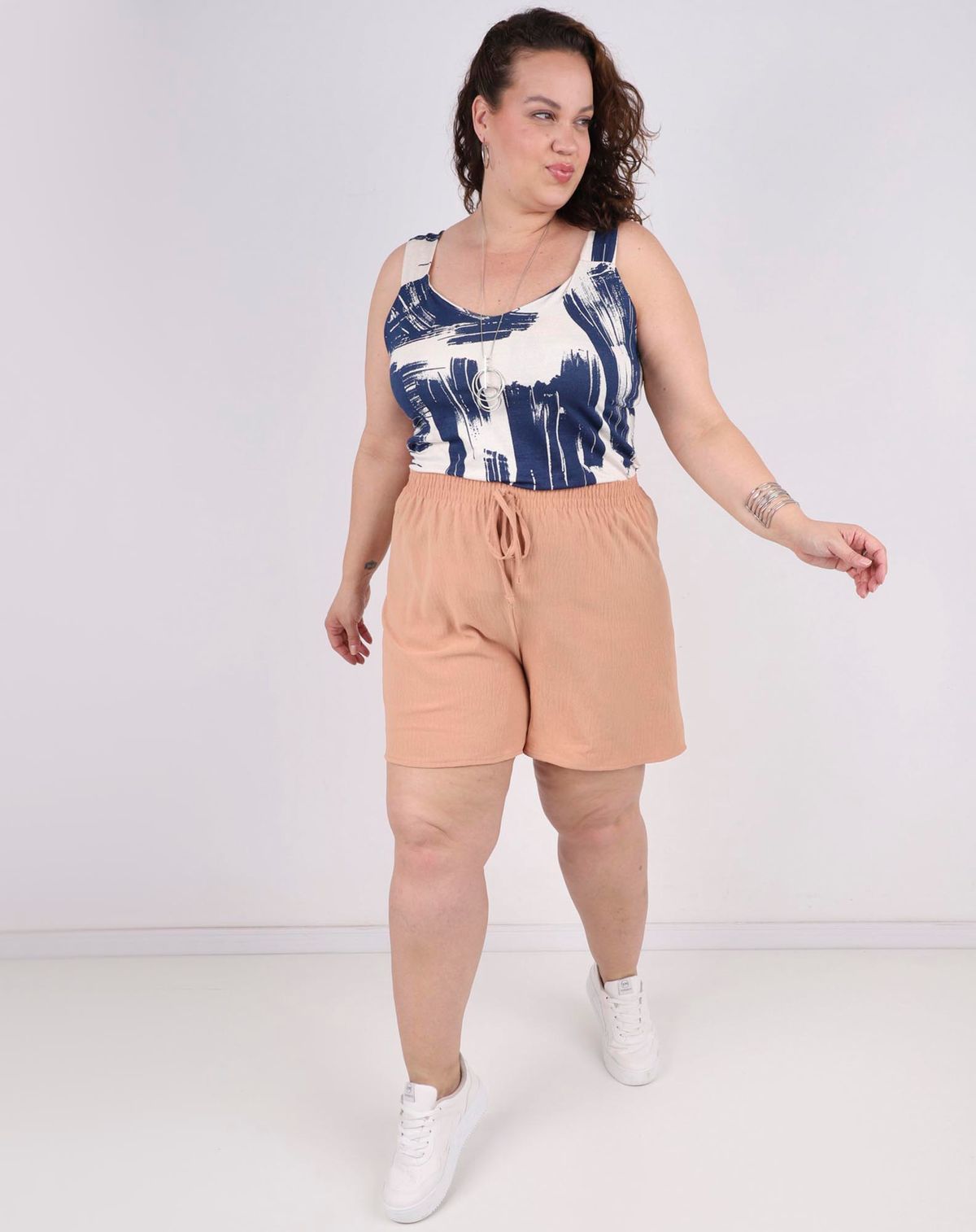 Short Curto Feminino Plus Size Cós Elastano bege - g2