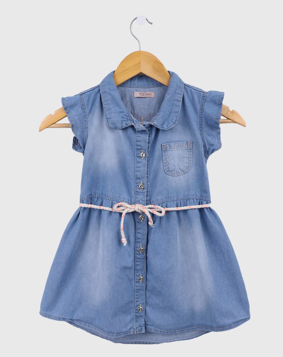 Vestido Jeans Infantil Manga Curta com Cordão na Cintura Menina Tam 4 a 8 Anos jeans - 4