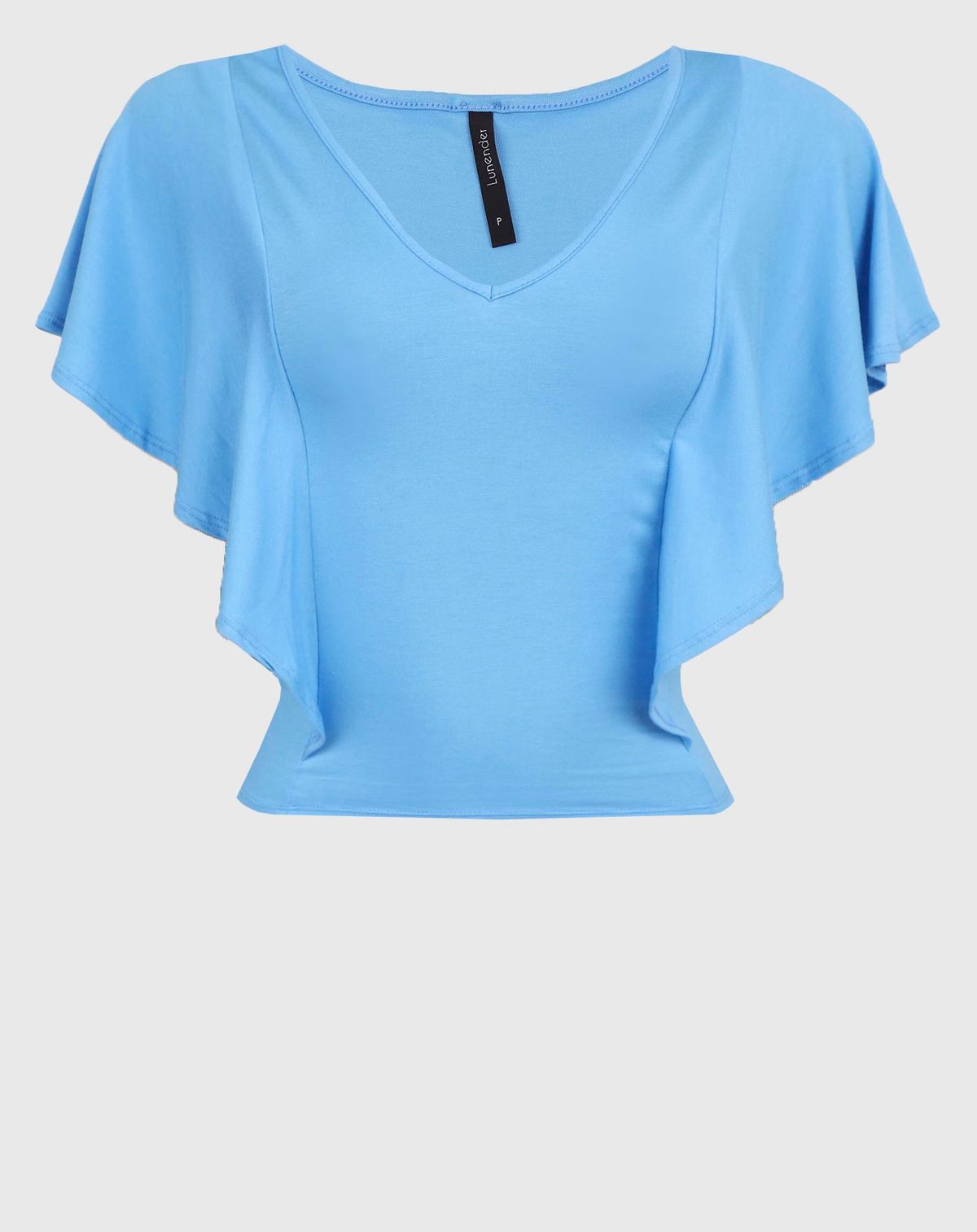 Blusa Feminina Gola V Manga Babado azul - p